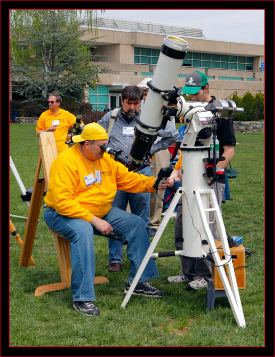 A-P solar set up - Dan Carnevale at the telescope while Eric Baumartner looks on